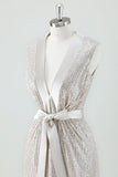 Sparkly Champagne V-Neck Prom Dress with Belt