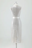Sparkly Champagne V-Neck Prom Dress with Belt
