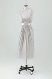 Sparkly Champagne V-Neck Prom Dress with Belt