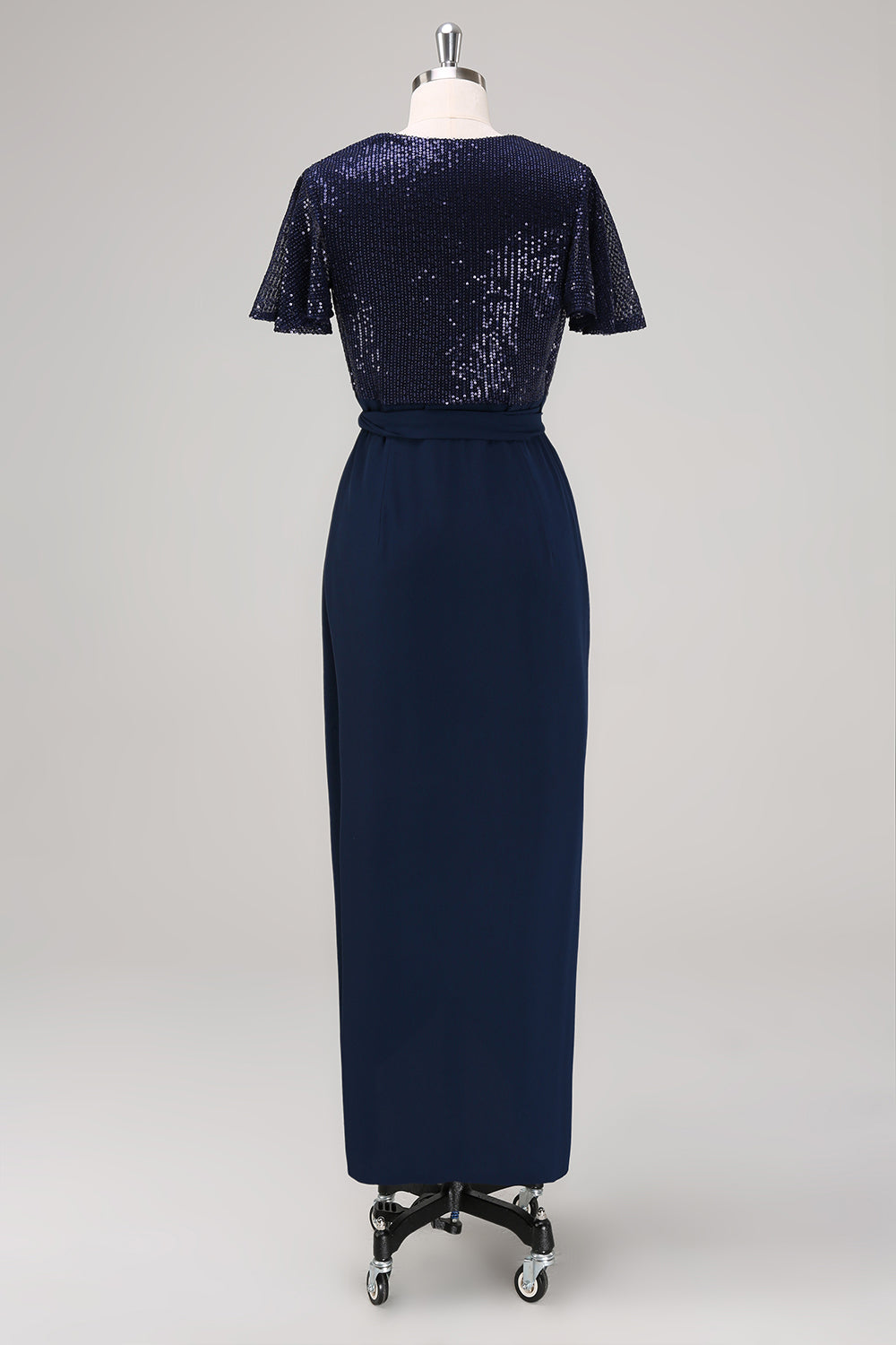 Sparkly V-Neck Navy Ruched Mother Dress with Short Sleeves