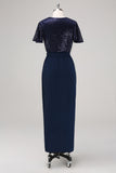 Sparkly V-Neck Navy Ruched Mother Dress with Short Sleeves