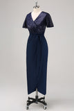 Sparkly V-Neck Navy Ruched Mother Dress with Short Sleeves