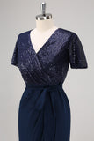Sparkly V-Neck Navy Ruched Mother Dress with Short Sleeves