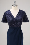 Sparkly V-Neck Navy Ruched Mother Dress with Short Sleeves