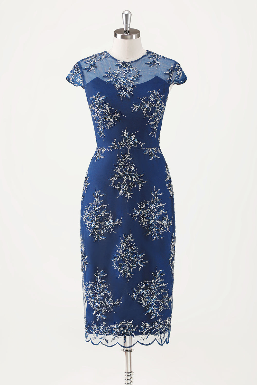 Navy Floral Sequined Mother Dress with Cape