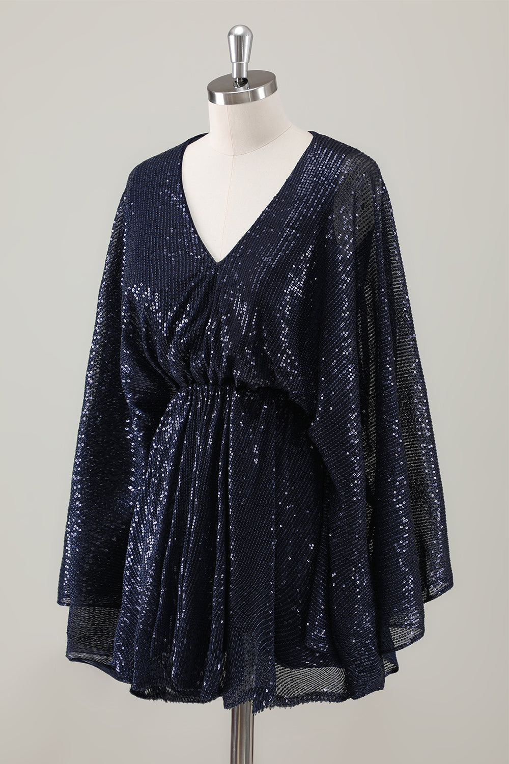 Sparkly Navy V-Neck Short Holiday Party Dress with Long Sleeves