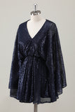 Sparkly Navy V-Neck Short Holiday Party Dress with Long Sleeves