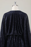 Sparkly Navy V-Neck Short Holiday Party Dress with Long Sleeves