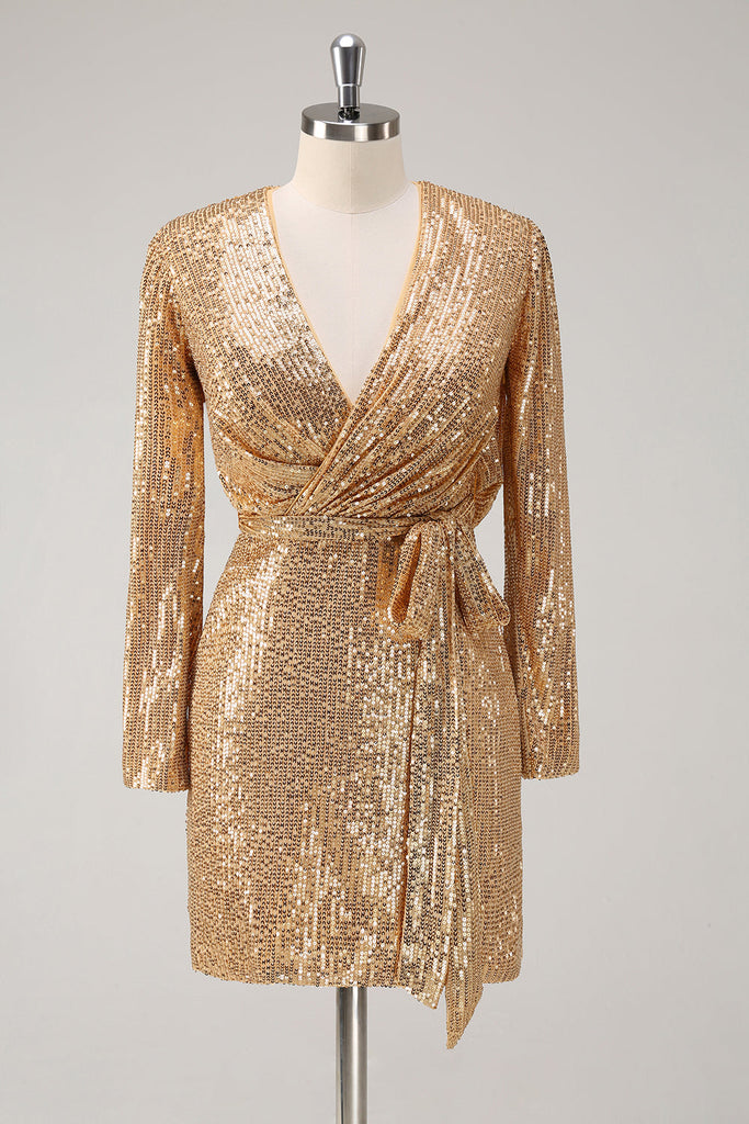 Zapakasa Women Golden Glitter Holiday Dress V Neck Sequins Short Tight