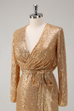Sparkly Golden V-Neck Short Holiday Party Dress with Long Sleeves