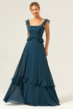 Dark Peacock Green Scoop Neck A-Line Long Bridesmaid Dress