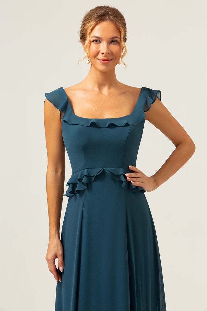 Peacock Green Bridesmaid Dresses Tea-Length High Neck Sleeveless Stretch Satin Bridesmaid Dresses
