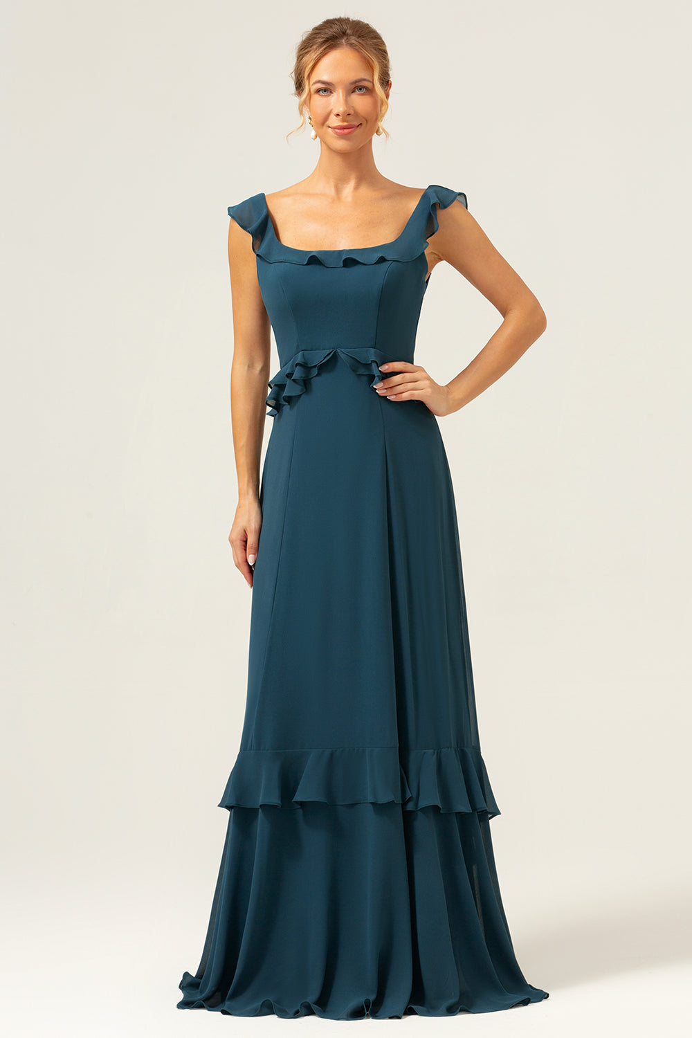 Dark Peacock Green Scoop Neck A-Line Long Bridesmaid Dress