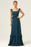 Dark Peacock Green Scoop Neck A-Line Long Bridesmaid Dress