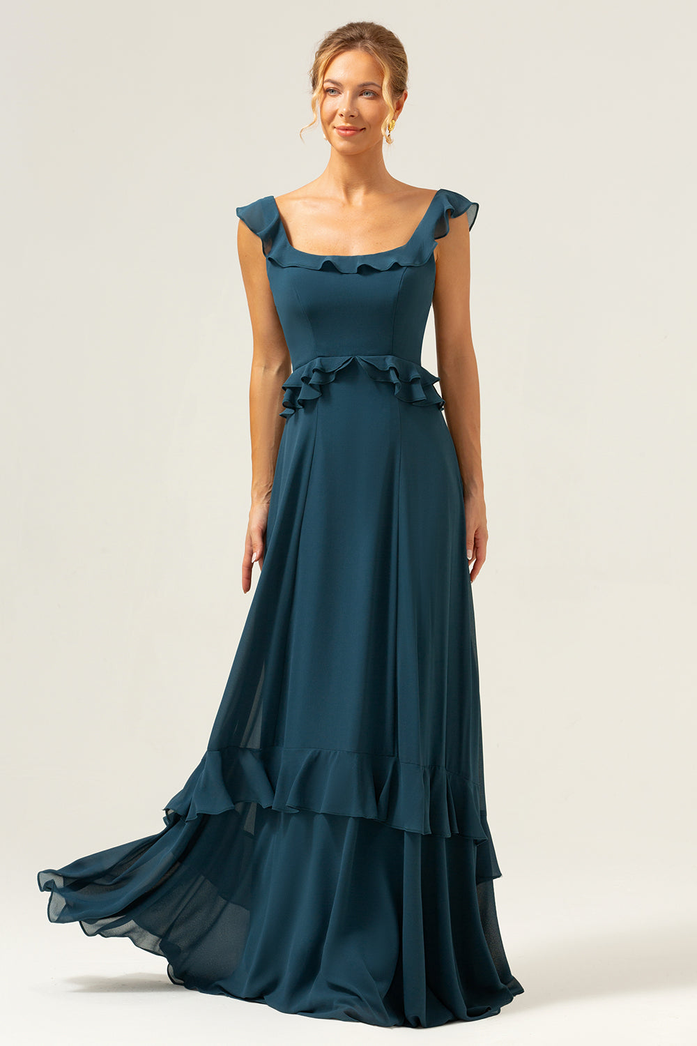 Dark Peacock Green Scoop Neck A-Line Long Bridesmaid Dress
