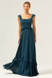 Dark Peacock Green Scoop Neck A-Line Long Bridesmaid Dress