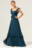 Dark Peacock Green Scoop Neck A-Line Long Bridesmaid Dress