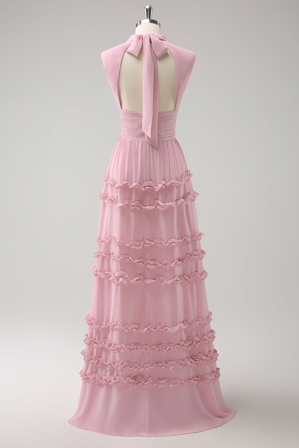 Zapakasa Women Blush Long Bridesmaid Dress with Bow Ruffled Chiffon A-Line Wedding Party Dress with Open Back Zapakasa Women Blush Long Bridesmaid Dress with Bow Ruffled Chiffon A-Line Wedding Party Dress with Open Back