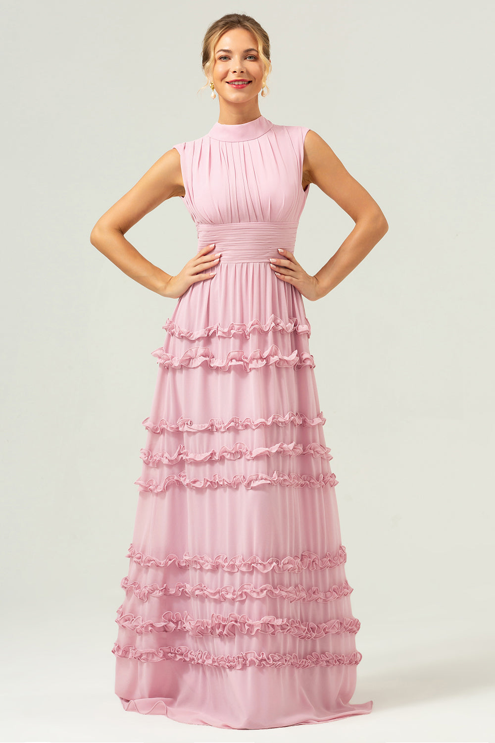 Blush Ruffled Chiffon Long Bridesmaid Dress with Open Back
