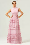 Blush Ruffled Chiffon Long Bridesmaid Dress with Open Back