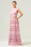 Blush Ruffled Chiffon Long Bridesmaid Dress with Open Back