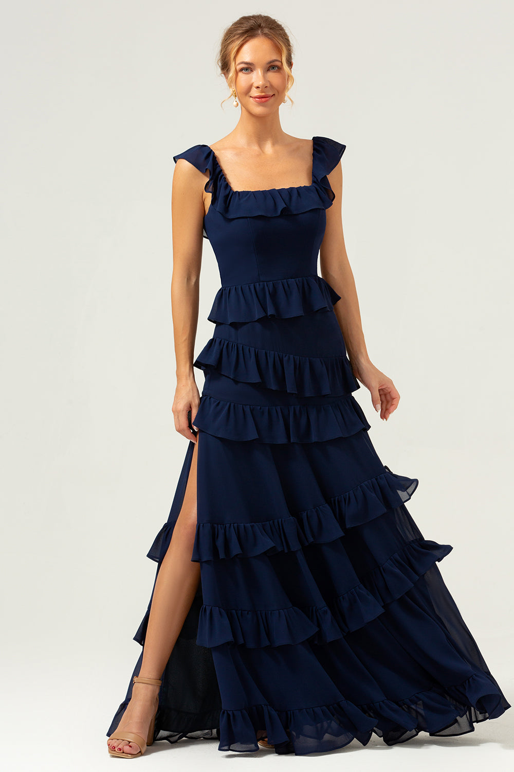 Zapakasa Women Dark Navy Long Bridesmaid Dress Square Neck Tiered A-Line Chiffon Wedding Party Dress Zapakasa Women Dark Navy Long Bridesmaid Dress Square Neck Tiered A-Line Chiffon Wedding Party Dress