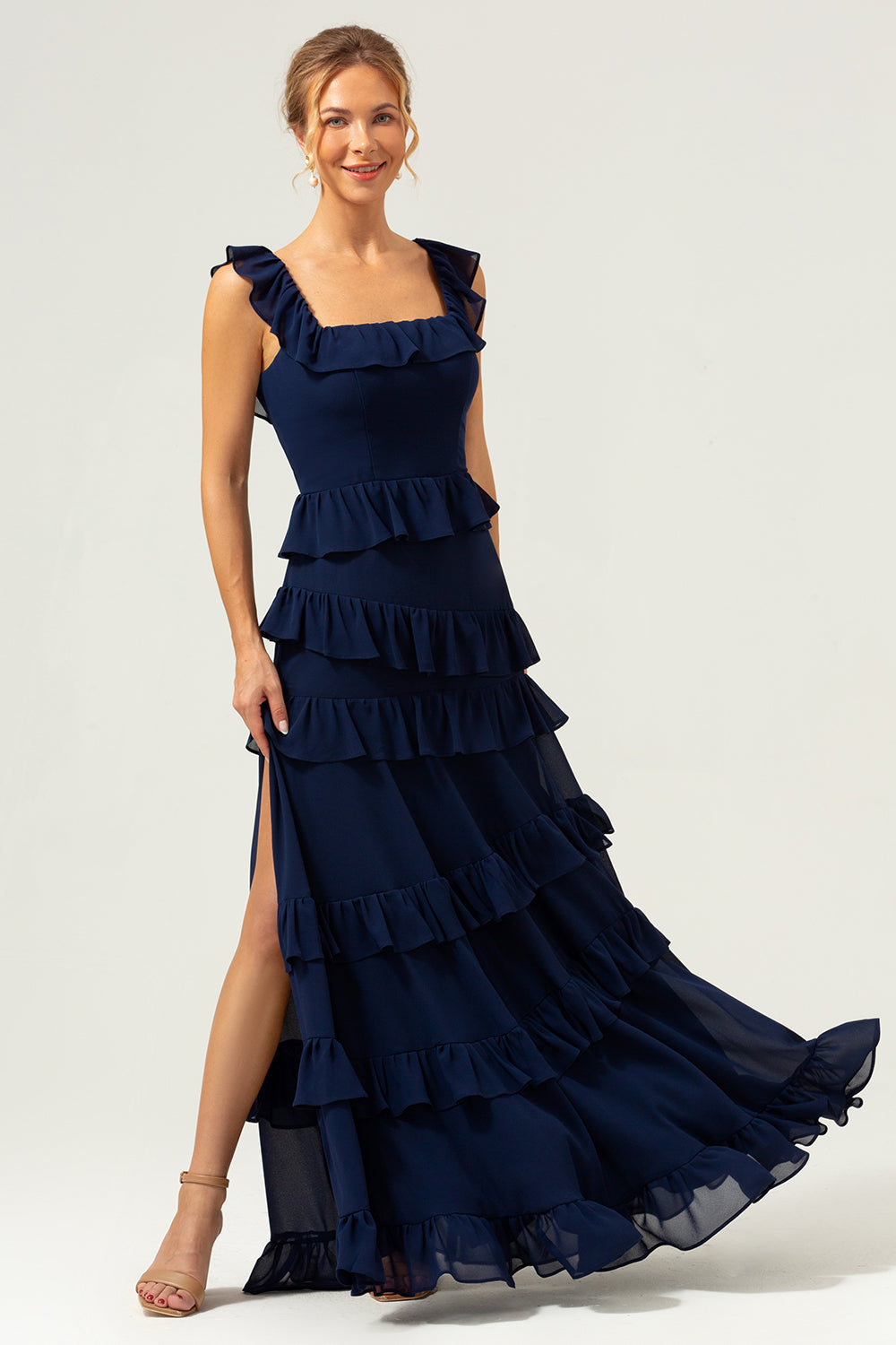 Dark Navy A-Line Ruffleed Chiffon Long Bridesmaid Dress with Slit