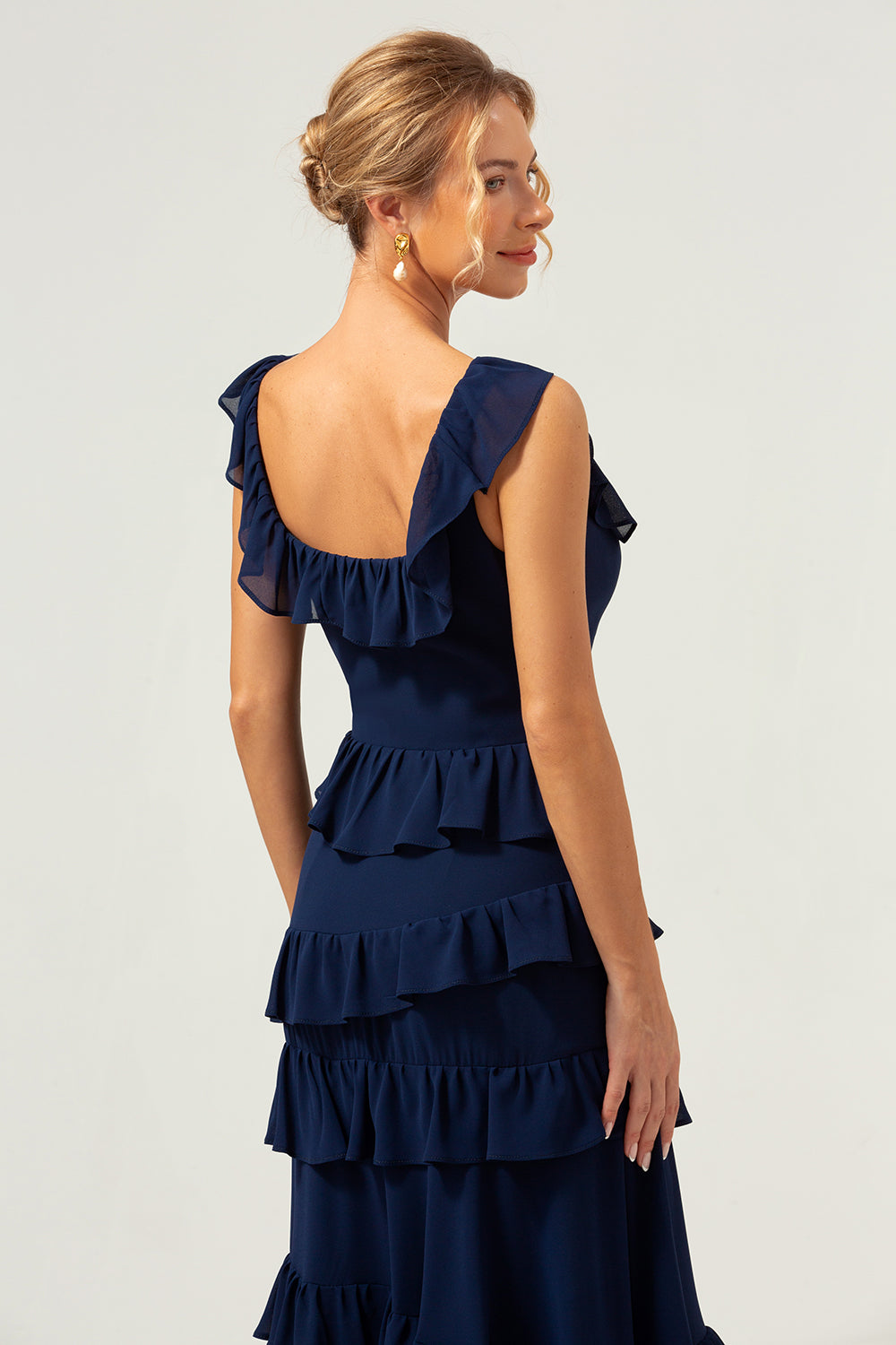 Dark Navy A-Line Ruffleed Chiffon Long Bridesmaid Dress with Slit