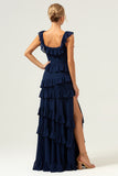 Dark Navy A-Line Ruffleed Chiffon Long Bridesmaid Dress with Slit