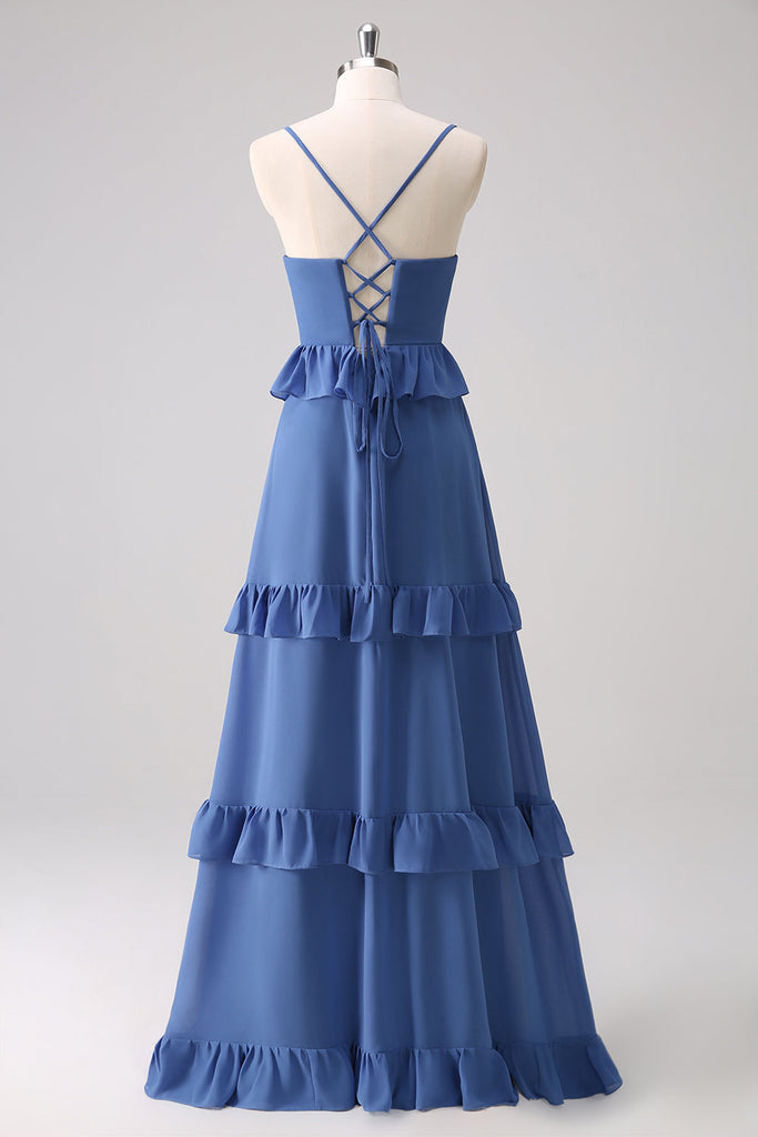 Spaghetti Strap Chiffon A-Line Bridesmaid Dress in Dusty Blue