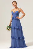 Spaghetti Straps Dark Blue Ruffled Long Bridesmaid Dress with Slit