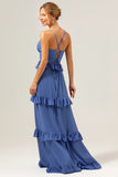 Spaghetti Straps Dark Blue Ruffled Long Bridesmaid Dress with Slit