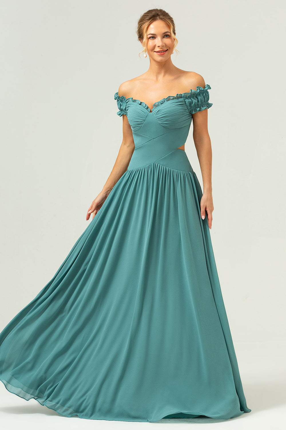 Eucalyptus Off The Shoulder Long Bridesmaid Dress