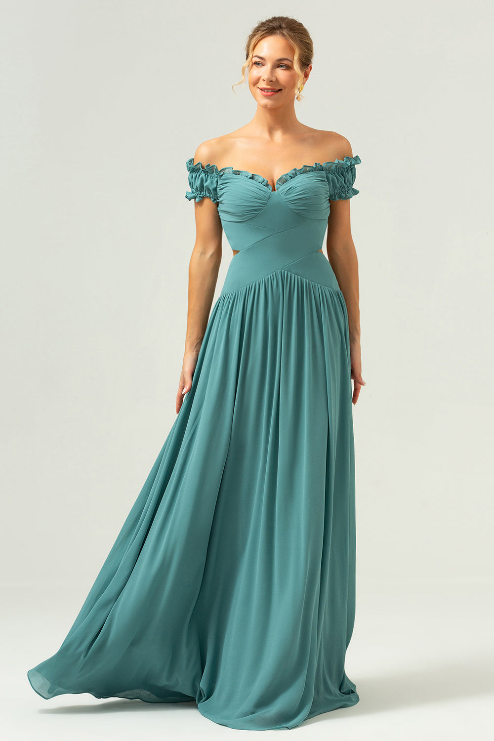 Eucalyptus Off The Shoulder Long Bridesmaid Dress