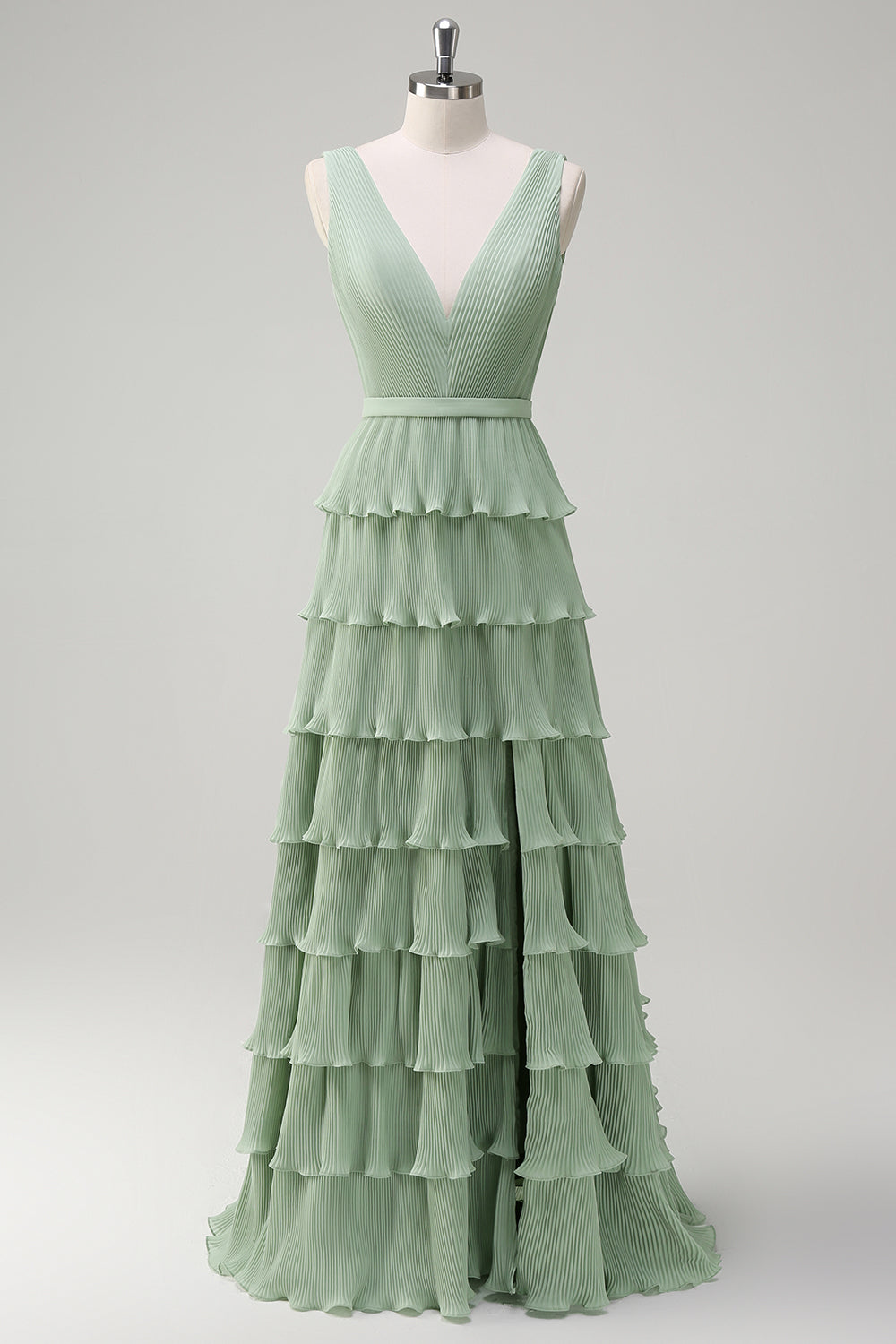 Dusty Sage Pleated A-Line Long Tiered Bridesmaid Dress with Slit