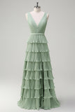 Dusty Sage Pleated A-Line Long Tiered Bridesmaid Dress with Slit