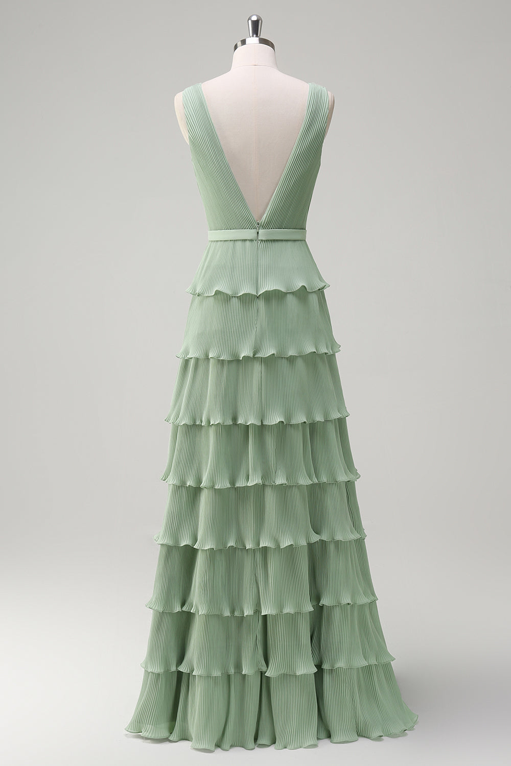 Dusty Sage Pleated A-Line Long Tiered Bridesmaid Dress with Slit