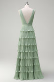 Dusty Sage Pleated A-Line Long Tiered Bridesmaid Dress with Slit