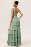 Dusty Sage Pleated A-Line Long Tiered Bridesmaid Dress with Slit
