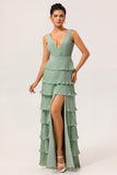 Dusty Sage Pleated A-Line Long Tiered Bridesmaid Dress with Slit