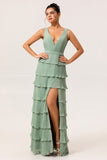 Dusty Sage Pleated A-Line Long Tiered Bridesmaid Dress with Slit
