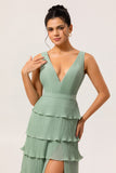 Dusty Sage Pleated A-Line Long Tiered Bridesmaid Dress with Slit