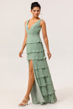 Dusty Sage Pleated A-Line Long Tiered Bridesmaid Dress with Slit