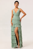 Dusty Sage Pleated A-Line Long Tiered Bridesmaid Dress with Slit