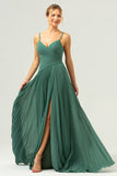 Eucalyptus Pleated Spaghetti Straps Long Bridesmaid Dress