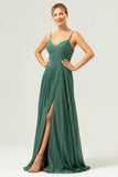 Eucalyptus Pleated Spaghetti Straps Long Bridesmaid Dress