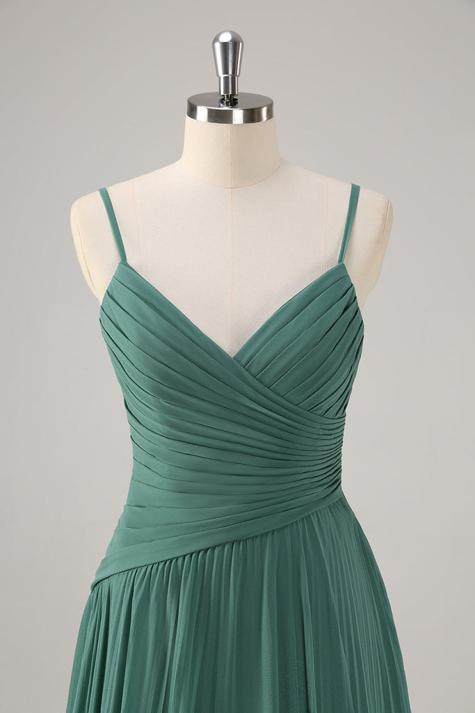 A Line Spaghetti Straps Eucalyptus Tie Straps Bridesmaid Dress With Slit