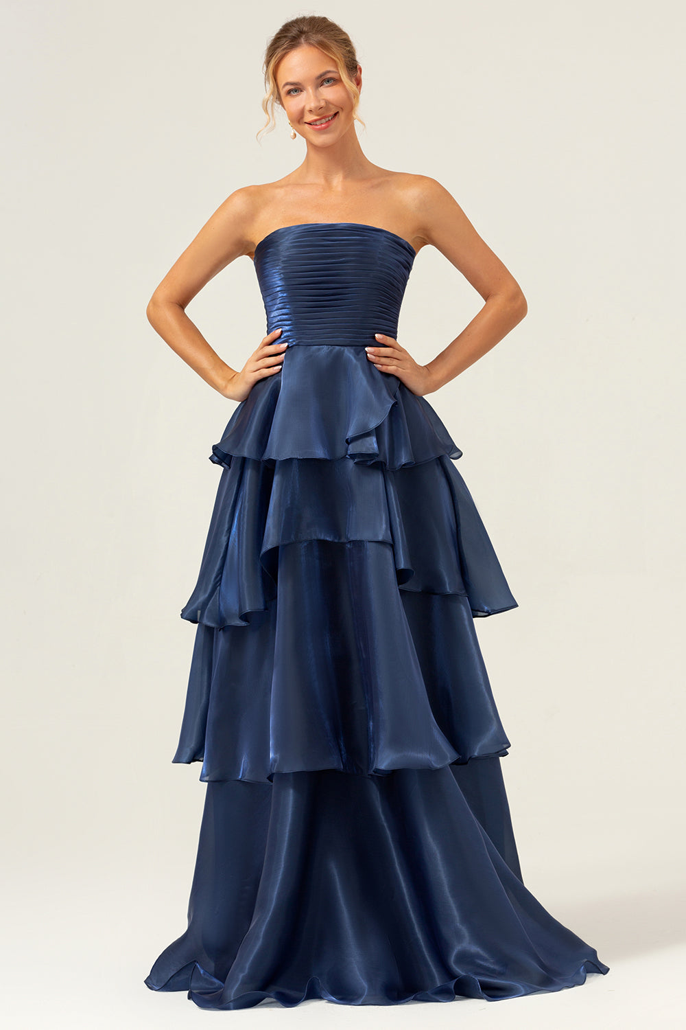  Dark Navy Bridesmaid Dress A Line Strapless Tiered Satin Long Evening Party Dress