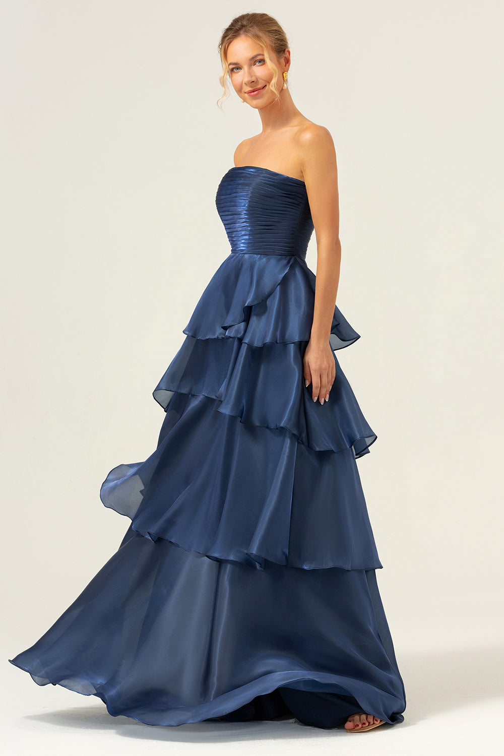 Zapakasa Women Dark Navy Bridesmaid Dress A Line Strapless Tiered Satin