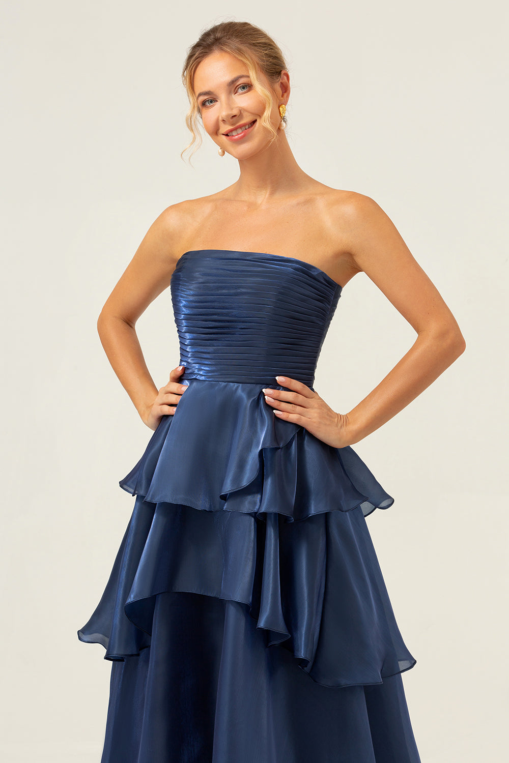 Zapakasa Women Dark Navy Bridesmaid Dress A Line Strapless Tiered Satin Long Evening Party Dress Zapakasa Women Dark Navy Bridesmaid Dress A Line Strapless Tiered Satin Long Evening Party Dress